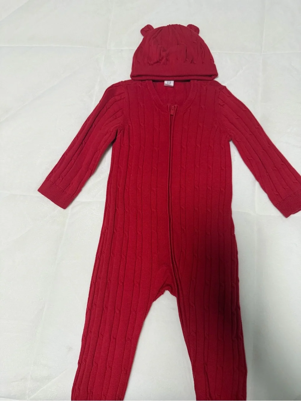 GAP Red Cable-Knit Baby One-Piece with Matching Bear-Ear Hat
